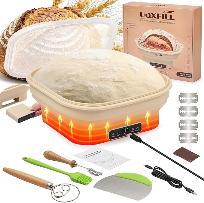 Upgrade Heating Sourdough Bread Proofing Basket Set, Electric Thermostatic Silicone banneton bread proofing basket,Sourdough bread baking supplies,11 Inch Square Foldable Sourdough Proofing Bowl