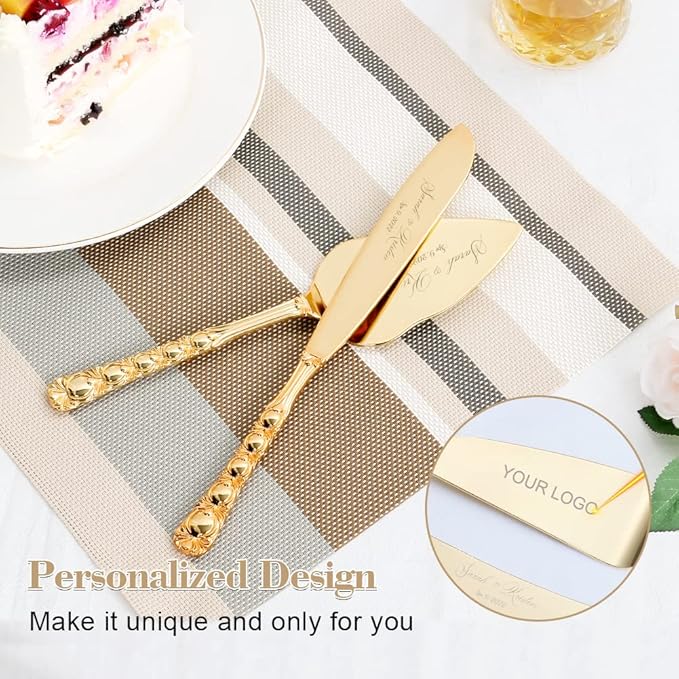 Wedding Cake Knife and Server Set, Personalized Gold Cake Cutting Set for Wedding, Engraved Classic Cake Knives Cutter Set, Pie Server, Birthday Bridal Quincea챰era Gift (CUS-Bow)