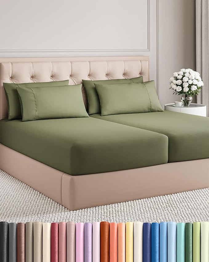 Split King Bed Sheet Set - 7 Piece Split King Bed Sheet Set - Soft Hotel Luxury Bedding - Cooling, Comfy & Breathable - 1 Flat & 1 Fitted & 4 Pillowcases w/ Deep Pockets - Wrinkle Free - Sage Green