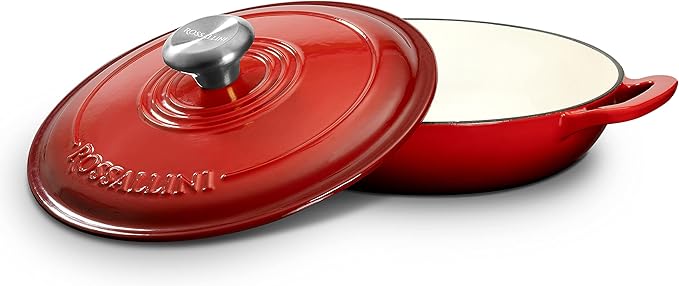 Signature Enameled Cast Iron Braiser, Non-Stick Serving Pot with Tight Fitting Lid for Perfect Roasting, Baking, Sauteing, Searing, and Pan Frying | 3.5Q (3.3L) - Red