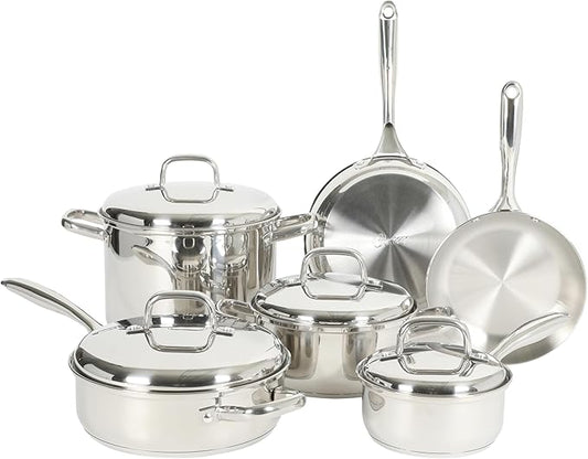 Oster Platinum Sedwick Stackable Stainless Steel Pots and Pans Cookware Set W/Domed Stainless Steel Lids W/TriPly Encapsulated Base - Induction Safe