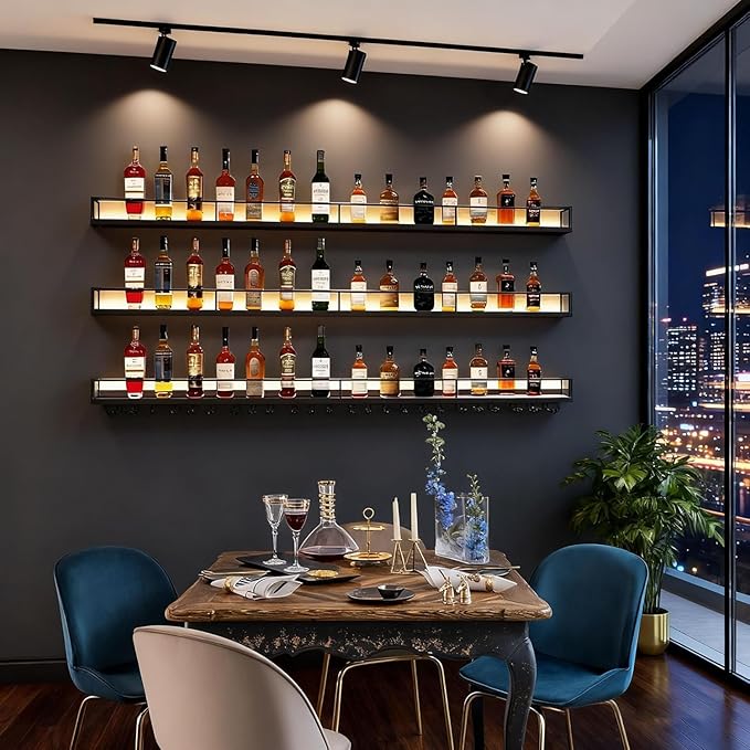 Metal Wall Mounted Wine Rack with LED Light, 3 Tiers Liquor Bottles Floating Shelves with Glass Holder, Wine Shelf Industrial Bar Shelves for Home Bar Dining(Gold, 100cm/39.3in)