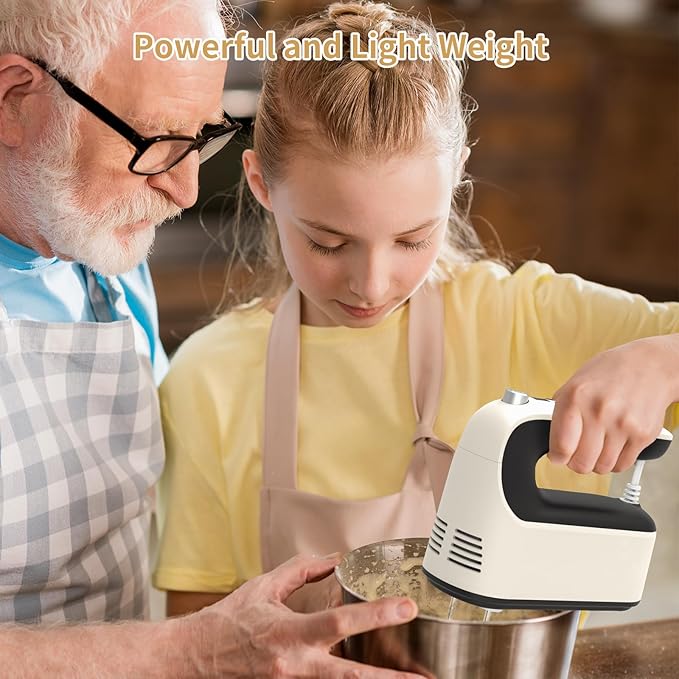 Yomelo 9-Speed Digital Hand Mixer Electric, 400W Powerful DC Motor, Hand Mixer Electric Handheld with Snap-On Storage Case, 5 Stainless Steel Accessories, Beaters, Dough Hooks, Whisk(Creamy/Black)