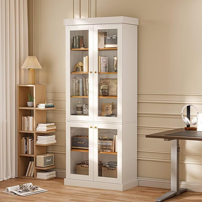 Vyre 70.8" Tall White Bookshelf with Glass Doors, Farmhouse Modular Bookcase with 6-Tier Adjustable Shelves, Large Storage Cabinet for Home Office, Living Room, Set of 4