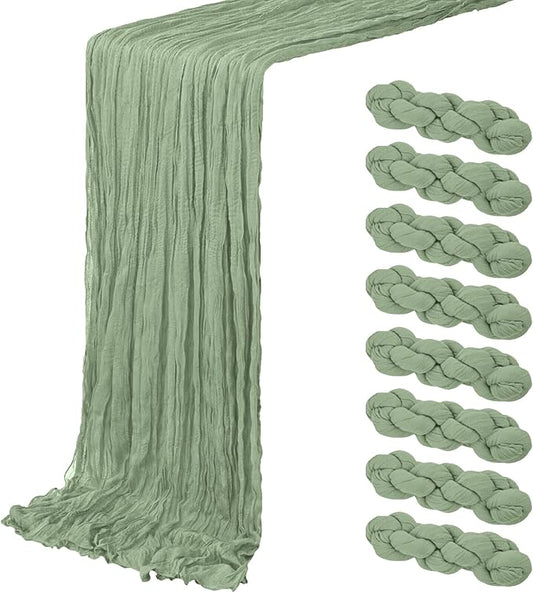 8 Pack Sage Green Cheesecloth Table Runner 20 x 120 inch Gauze Table Runners 10 FT Long,Semi Sheer Boho Cheese Cloth Fabric Table Runner Bulk for Wedding,Party,Baby Shower,Bridal Shower Decoration