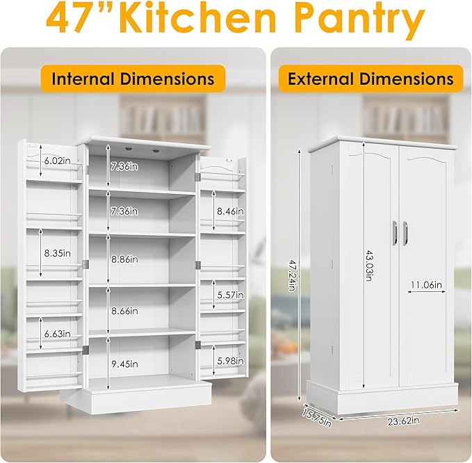 47??Pantry Cabinet, Kitchen Pantry Storage Cabinet with Doors and Adjustable Shelves,Freestanding Buffet Cupboards Sideboard for Living Room and Dinning Room (White)
