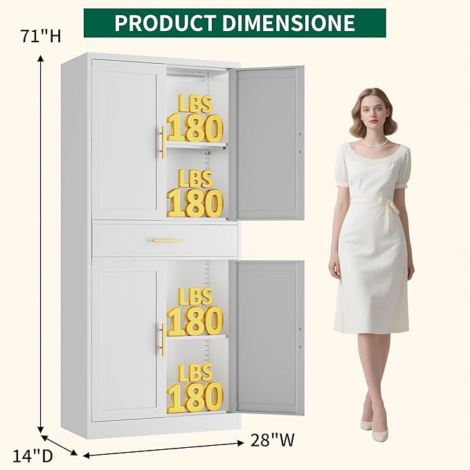 CJF 71" H Metal Kitchen Pantry Storage Cabinet, Freestanding Cupboard with Adjustable Shelves and 1 Drawer, Standing Storage for Kitchen, Bathroom, Garage, Dinning Room or Utility Room（White）