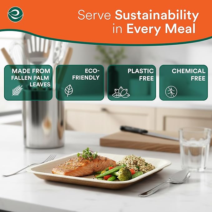 ECO SOUL Palm Leaf Disposable Bamboo Plates 10" Square Compostable & Biodegradable Party Plates for Christmas Dinner, Weddings, Parties & Events 200 Count