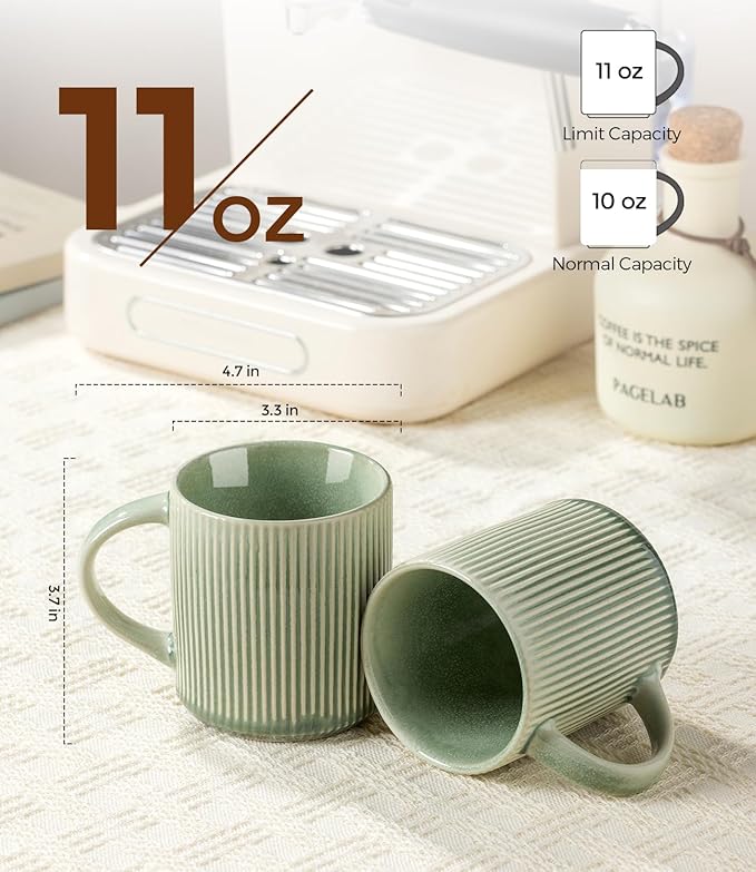 GBhome Coffee Mugs Set for 6, 11oz Coffee Cups with Handle for Man,Woman,Dad,Mom, Stoneware Mugs Sets for Coffee, Latte,Tea, Hot Cocoa, Milk, Dishwasher&Microwave Safe,Light Green