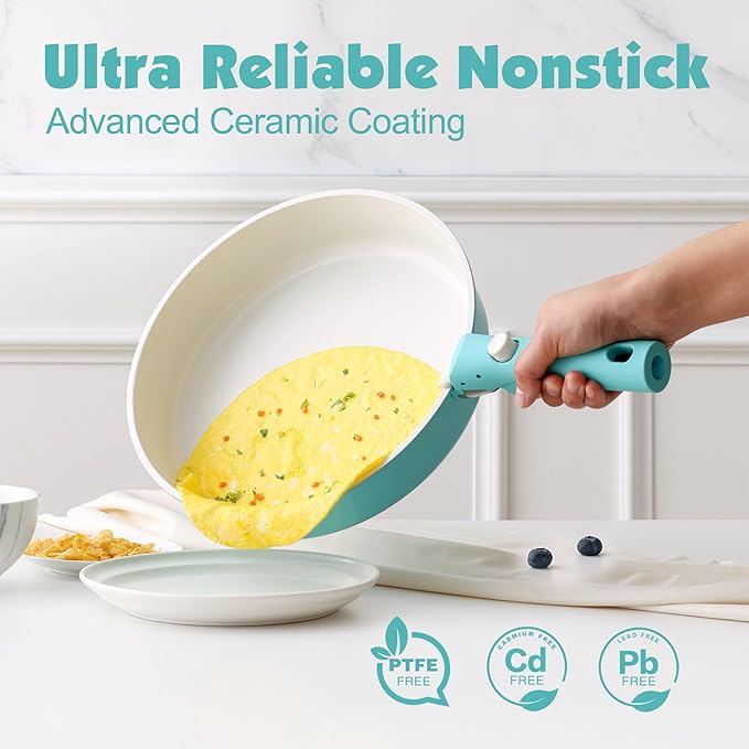 SENSARTE 24 Piece Ceramic Pots and Pans Set, Nonstick Detachable Handle Cookware, Induction Cookware Set with Removable Handle, Healthy Non Stick for RV, Dishwasher竊냀ven Safe, PFOA Free (Turquoise)