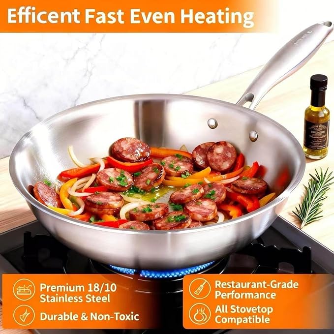 DELARLO Tri-Ply Stainless Steel Woks, 12 Inch Healthy Non-Toxic Cooking Wok Pan with Lid, Wide & Deep Cookware Stir-Fry Pans, Dishwasher and Oven Safe Up To 600째F, Works on Induction