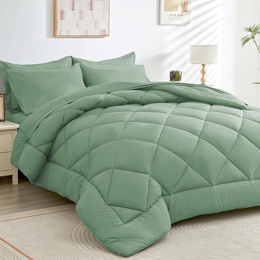 HEVUMYI Light Green Full Comforter Set - 7-Piece All Season Bed in a Bag Full, Ultra Soft Bedding Set with Comforter, Flat Sheet, Fitted Sheet, Pillowcases, Pillow Shams