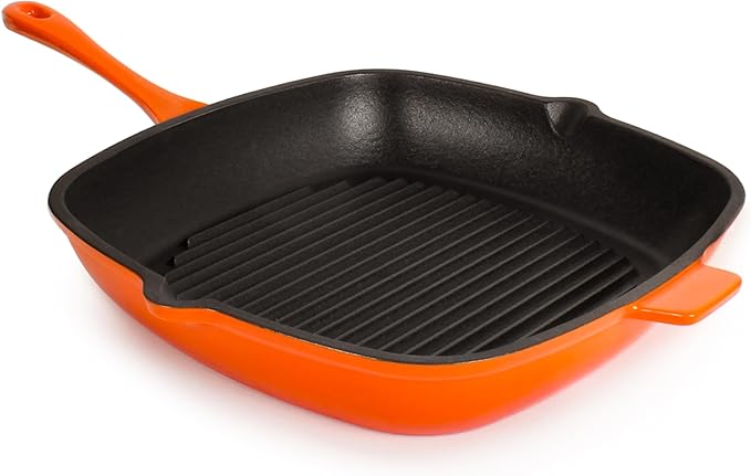 BergHOFF Neo 3Pc Enameled Cast Iron Cookware Set, Fry Pan 10 inches, Grill Pan 11 inches, Slotted Steak Press, Fast, Evenly Heat, Oven safe (Orange)