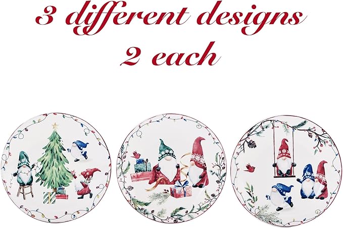 Bico Christmas Gnomes Appetizer Plates Set of 6, 6 Inch Small Ceramic Dessert Plates for Snacks, Salad, Tablescape, Microwave and Dishwasher Safe, Gift for Housewarming and Thanksgiving