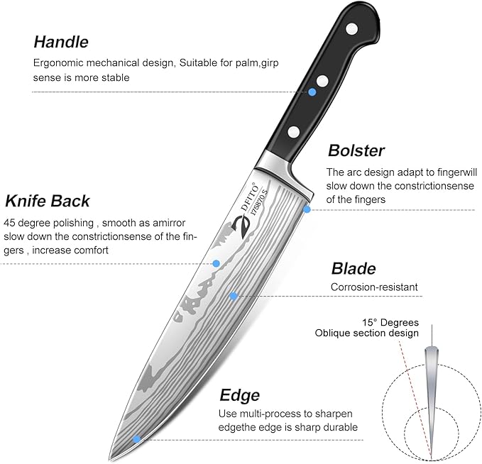 Dfito Chef Knife Set with Roll Bag, 9 Piece Professional Stainless Steel Japanese Kitchen Knife Set with Ergonomic Handle for Professional Chef, Dishwasher Safe, Camping, Travel, BBQ, RV or Gift Black