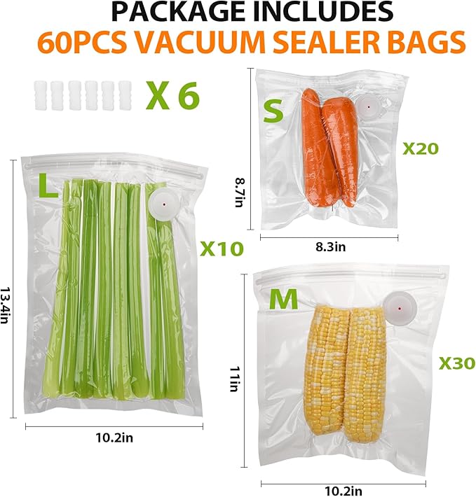 60PCS ATOSUN Vacuum Sealer Bags for Food, upgraded Air Valve, BPA -Free Vacuum Sealing Food Storage Bags, Reusable Sous Vide Vacuum Zipper Bags (10 large+30 middle+20 small size)