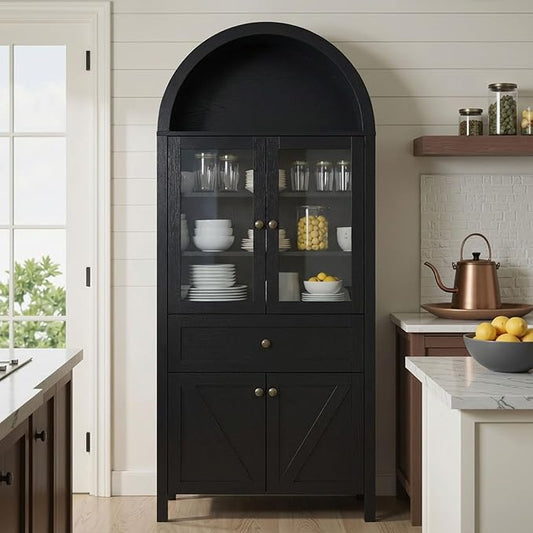 Arched Pantry Cabinet, 71" Tall Arched Cabinet with Adjustable Shelves and Glass Doors, Kitchen Pantry Cabinets, Cupboard with Barn Doors for Kitchen or Living Room, Black