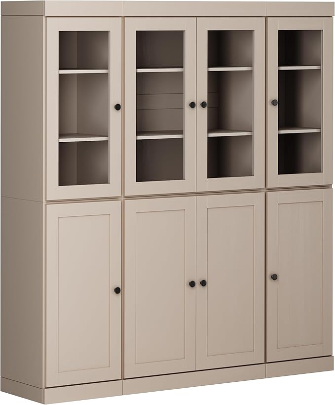 Palace Imports 100% Solid Wood Kitchen China Pantry Cabinet, 65" W - 4 Clear Glass & 4 Shaker Doors, Renewable Eco-Friendly Wood, Made in Brazil (Beige, 8 China/Shaker Doors | NO Drawers)