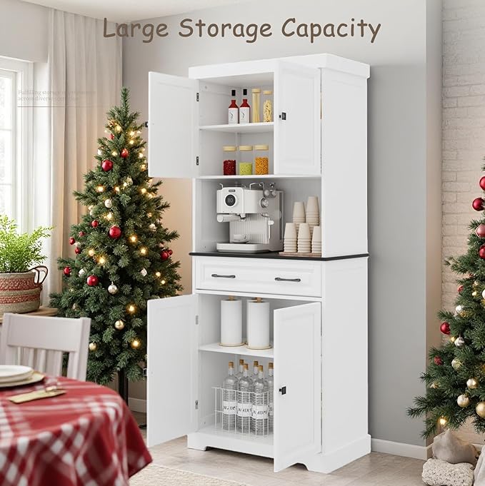 71" Kitchen Pantry Cabinet with Drawer, Kitchen Hutch Cabinet with 4 Doors, Wire Hole & Adjustable Shelves, Tall Bathroom Cabinets Freestanding Cupboard White Wood Storage Cabinets