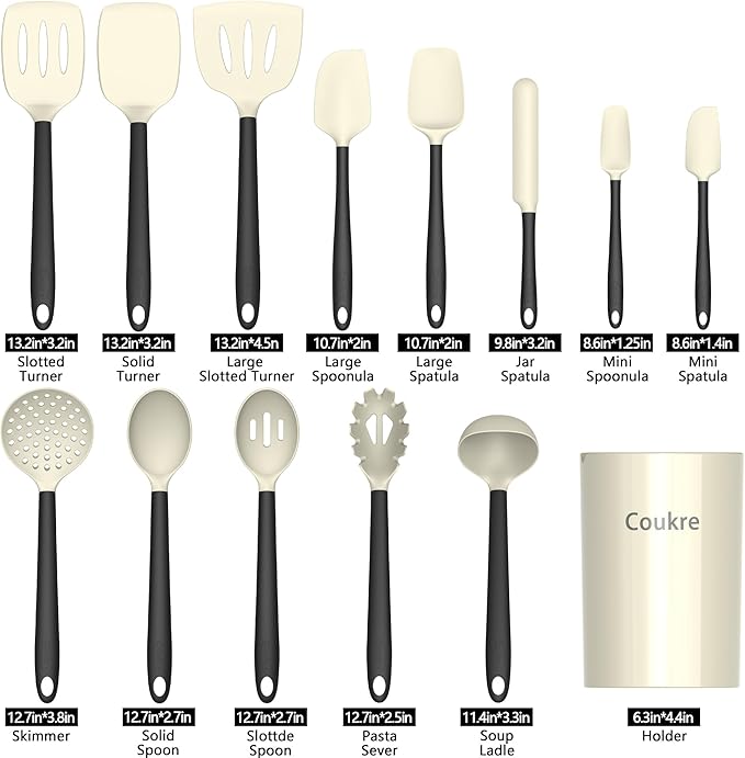 Coukre Silicone Kitchen Cooking Utensils Set with Holder ??Heat-Resistant, Food-Grade Kitchen Tools, Spatula, Spoon & Gadgets for Non-Stick Pans, Dishwasher Safe (14, Beige)
