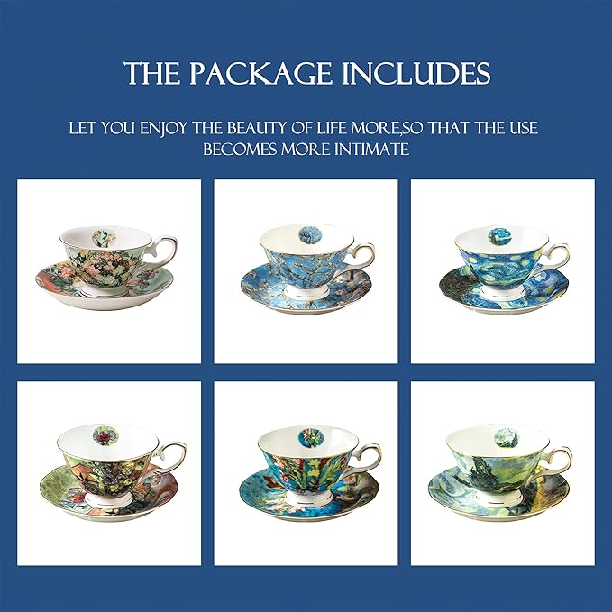 Van Gogh Bone China Set of 6 Cups and Saucers With Rack, Coffee Cup and Saucer Set With Gift Box, 7.4-Ounce Art Coffee Mugs Set - Perfect Birthday/Holiday/Wedding Gift (Blue set for 6)