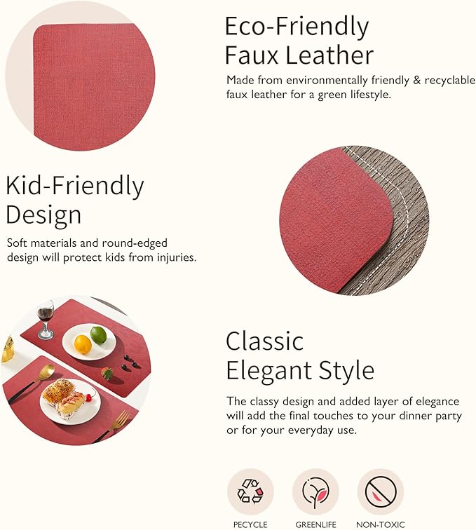 Maxpearl Faux Leather Placemats Set of 6 - Waterproof - Wipe Clean - Heat Resistant - Anti Slip Dining Table Place Mats, Suitable for Indoor & Outdoor Use, 17?쇺셹12?쇺? Red