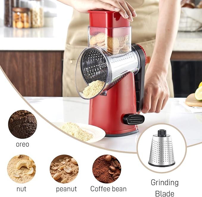 Weltonhm Rotary Cheese Graters with 4 Blades, Hand Crank Cheese Grater with Waffle Slicer, Red, Black and White Cheese Shredder with Suction Base, Easier for Shredding & Grating (Red, 4 Graters)