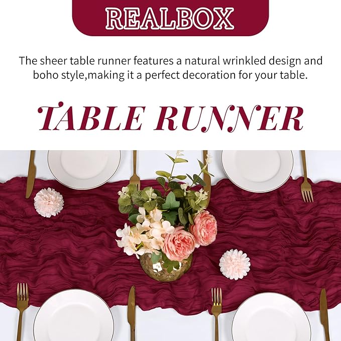 RealBox 3 Pack Burgundy Cheesecloth Table Runner 17x108 Inch Semi Sheer Boho Gauze Cheese Cloth Fabric Table Runners Table Decor for Wedding Party Baby Shower Birthday Home Decor Garden Farmhouse