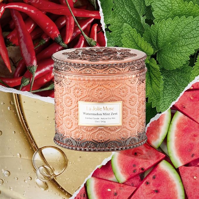 LA JOLIE MUSE Watermelon Mint Zest Candle - Eucalyptus, Sage, Lavender | 12 oz Large 2-Wick Soy Wax Candle | 60 Hours Clean Burn | Gift-Ready for Hosts & Gatherings | Elegant Home D챕cor