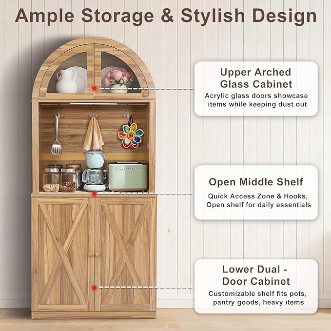 71" Tall Arched Kitchen Pantry Cabinet, Farmhouse Storage Cabinet with LED Light, Adjustable Shelves & Glass Door, Versatile Cupboard for Kitchen, Dining Room, Bathroom