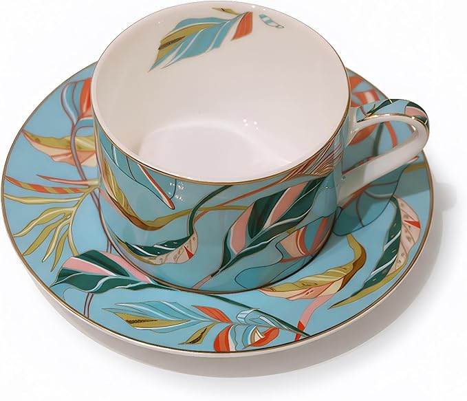 Floral Tea Cup and Saucer Set, 7.44 fl oz Capacity, 3.54 x 2.76 x 6.1 inches, Tropical Leaf Pattern (green)