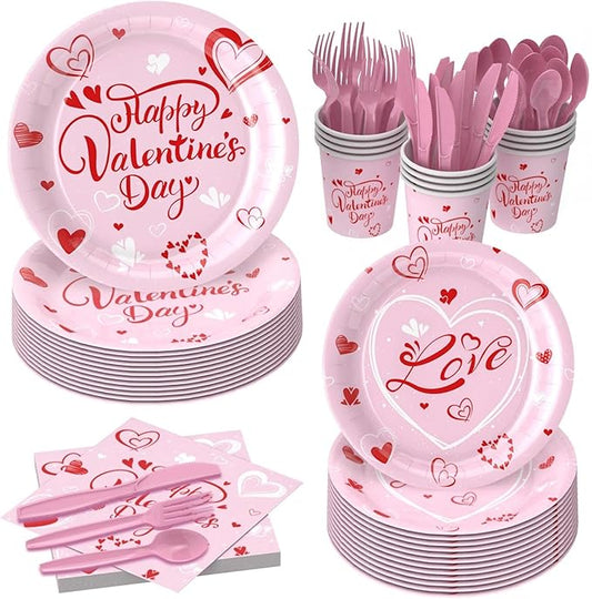 Valentines Day Tableware Set Sweet Heart Dinnerware Pack with Paper Plates, Cups, Napkin, Knives, Forks, Spoons - Valentine?셲 Day Party Supplies for Wedding,Anniversary, Birthday,Gatherings,Serves 16