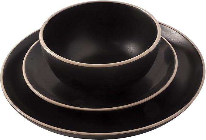 Gibson Home Rockaway 12-Piece Stoneware Dinnerware Set, Service for 4 ??Modern Round Plates and Bowls, Dishwasher & Microwave Safe, Black