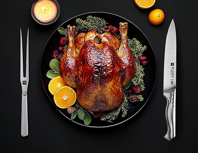 WIZEKA Turkey Carving Knife Set 2-Piece, 8-inch Carving Knife and Fork Set, Ultra-Sharp German Stainless Steel Kitchen Knife for Meat, BBQ, Carving Set with Gift Box, Jaguar Series
