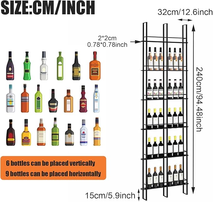 2 Columns Wine Rack Wall Mounted, 94.48in High Metal Wine Bottle Holder, Floor to Ceiling Wine Storage竊똗se as One or Three, DIY Display, for Restaurant, Bar, Cellar (Black, 2 Columns)