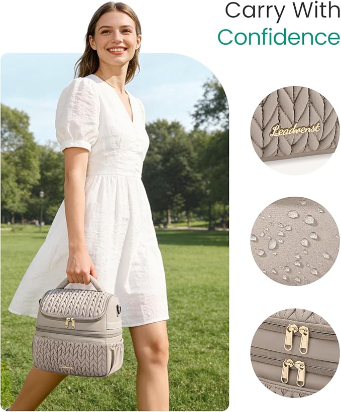 LEADVENST Lunch Bag Women, Double Deck Insulated Lunch Box - Large Capacity 12L with Detachable Divider for Tall Items, Leakproof, Durable & Reusable Cooler Bag For Work Picnic Travel, Quilted Khaki