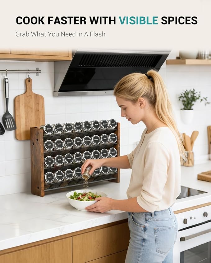 NESAPTO Spice Rack Organizer for Cabinet, Wooden 4 Tier Vertical Seasoning Organizers for Kitchen Pantry, Countertop/Wall Mount, Holds 32 Spice Jars (No Jars Included), 15.7" W 횞 9.4" H