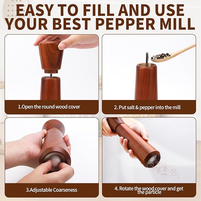 Wooden Pepper Grinder,Pepper Mill Wood 10In?밪alt Grinder Refillable,Pepper Grinder Manual Adjustable Ceramic Rotor,Easy Refill,Salt and Pepper Shakers with Coarseness Control 1-Pack