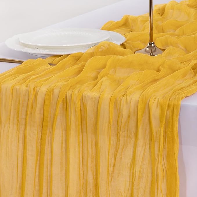 Socomi 10pcs Gold Yellow Cheesecloth Table Runner Boho Rustic Gauze 120 inch 10FT Cheese Cloth Runner for Wedding Party Baby Shower Birthday Home Decor Holiday Decorations