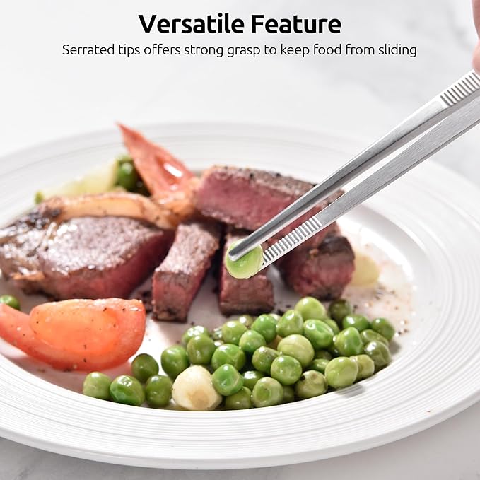 U-Taste 8" Kitchen Plating Tweezer Set: 18/8 Stainless Steel Food-Grade Metal Food Tong, Seamless-Welding, Flexible Pinching and Non-Slip for Serving, Decorating, Cooking, Baking (Round & Pointed Tip)