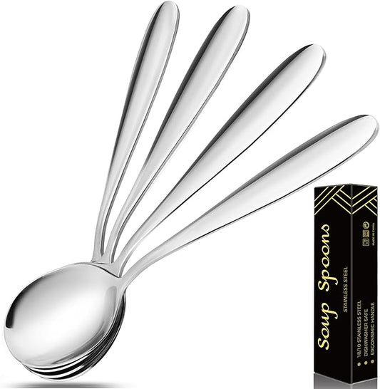 18/10 Stainless Steel Soup Spoons, 7.3-in Deep Heavy Weight Round Soup Thick Spoons, Suitable for Cereal Bouillon Milk Soup Hot Chocolate Dinner Guest, Pack of 4