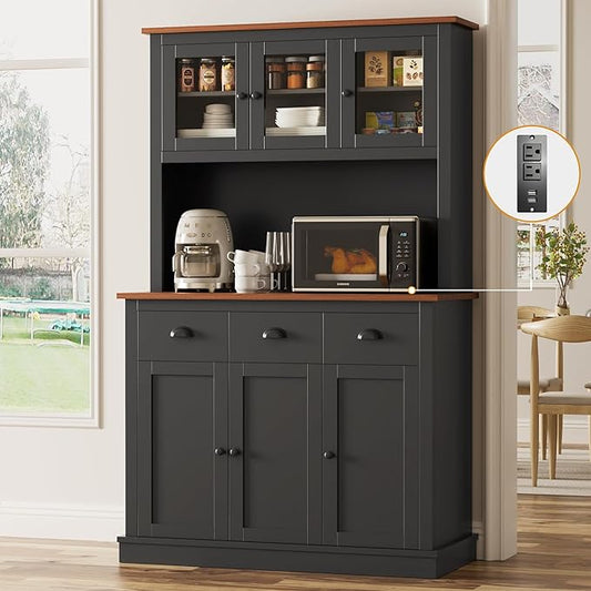 71" Kitchen Hutch with Charging Station, Tall Pantry Storage Cabinet with Microwave Stand, Adjustable Shelves, Slide Drawers, Large Buffet Pantry Cabinet for Kitchen, Dining Room, Black