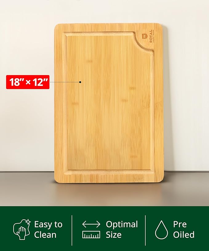 ROYAL CRAFT WOOD Wooden Cutting Boards for Kitchen Meal Prep & Serving - Bamboo Wood Serving Board with Deep Juice Groove Side Handles - Charcuterie & Chopping Butcher Block for Meat