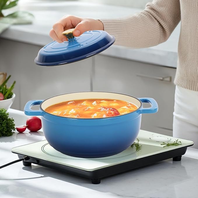 Dutch Oven Pot with Lid, 5 Quart Enameled Cast Iron Dutch Oven, Dual Handles, Kitchen Pots Oven Safe up to 500째F, Stovetop Compatible, Marinate, Cook, Bread Baking, Refrigerate & Serve, Blue