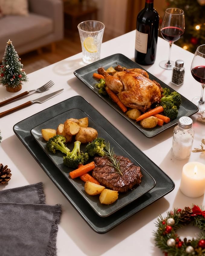 Famiware Serving Platter, Rectangular 15.67/14.1/12.6inch Serving Dishes for Entertaining, Dishwasher Safe, Stoneware Serving Trays for Party, Food, Turkey, Snack, Cheese, Reactive Glaze, Deep Forest