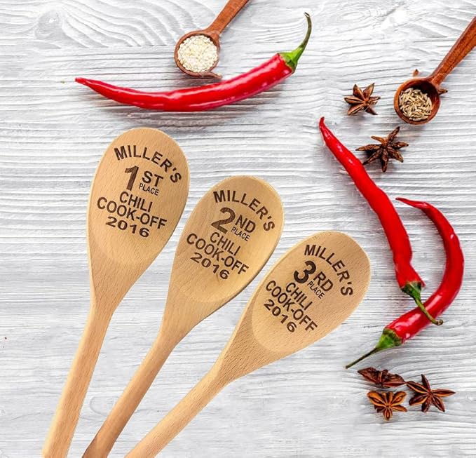 Wedding Collectibles Custom Engraved 14in Chili Cook Off Prizes | Set of 3 Wooden Spoons | Personalized Beech Wood Spoons as Event Chili Cookoff Trophies