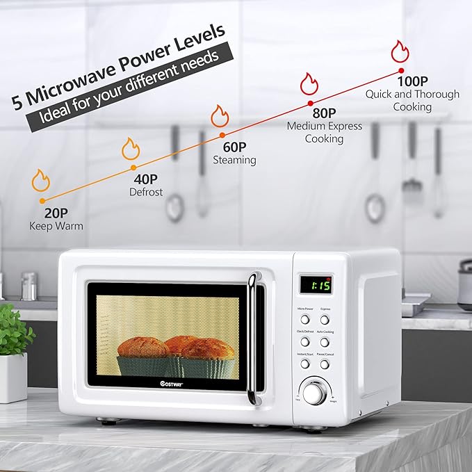 COSTWAY Retro Countertop Microwave Oven, 0.7Cu.ft, 700-Watt, High Energy Efficiency, 5 Micro Power, Delayed Start Function, with Glass Turntable & Viewing Window, LED Display, Child Lock (White)