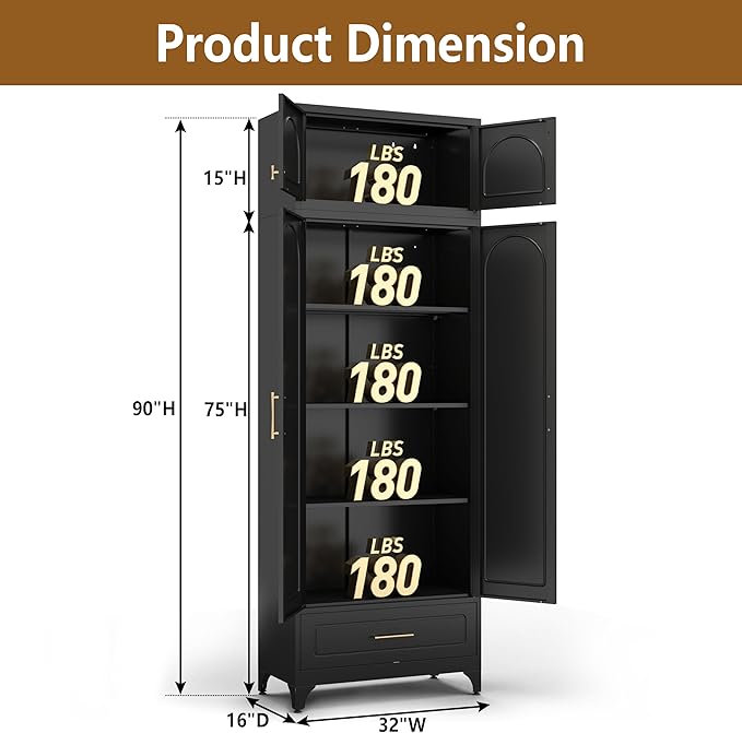 Kitchen Pantry Cabinet, 90" Tall Metal Pantry Cabinet, Food Cupboards with One Drawer, Freestanding Storage Cabinets for Dining, Living Room, Black,16" D x 32" W x 90" H, Assembly Required
