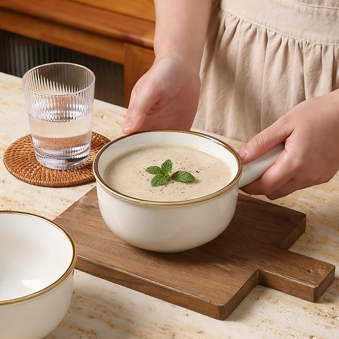 MONITO 28 Oz French Onion Soup Bowls, Ceramic Soup Bowls with Handles, Stackable Soup Crocks, Oven/Microwave/Dishwasher Safe, for Cereal, Soups, Casseroles