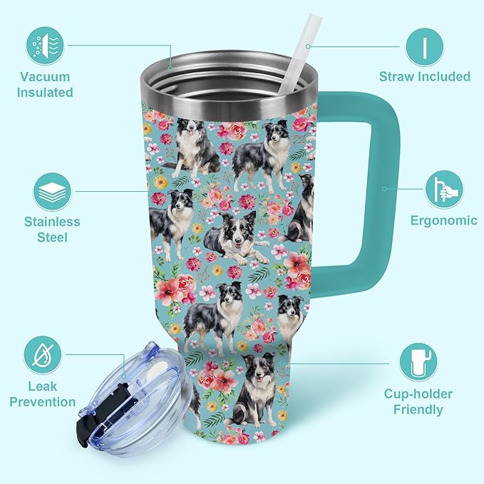 Yogusut Border Collie Gifts for Women, 40oz Stainless Steel Insulated Tumbler Travel Mug Cup with Handle Straw, Gifts for Dog Mom Dog Lover